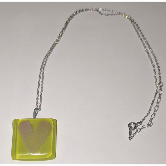 Green Fused Glass Heart Pendant & 18K White Gold-Plated Chain 17 inches - Picture 5 of 5